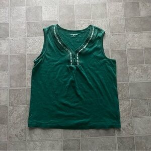 Y2k Boho Green Embroidered Knit Tank Top Croft & Barrow Womens Xl